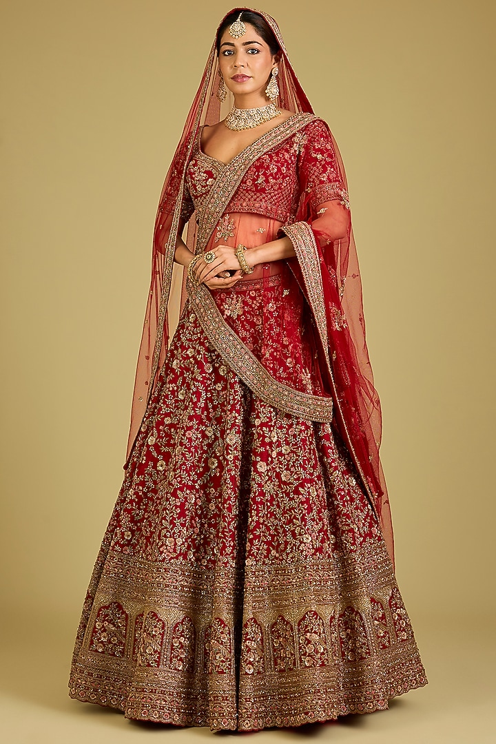 Red Raw Silk Embroidered Bridal Lehenga Set by Kalighata at Pernia's Pop Up Shop