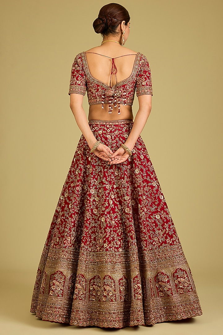 Red Raw Silk Embroidered Bridal Lehenga Set by Kalighata at Pernia's Pop Up Shop