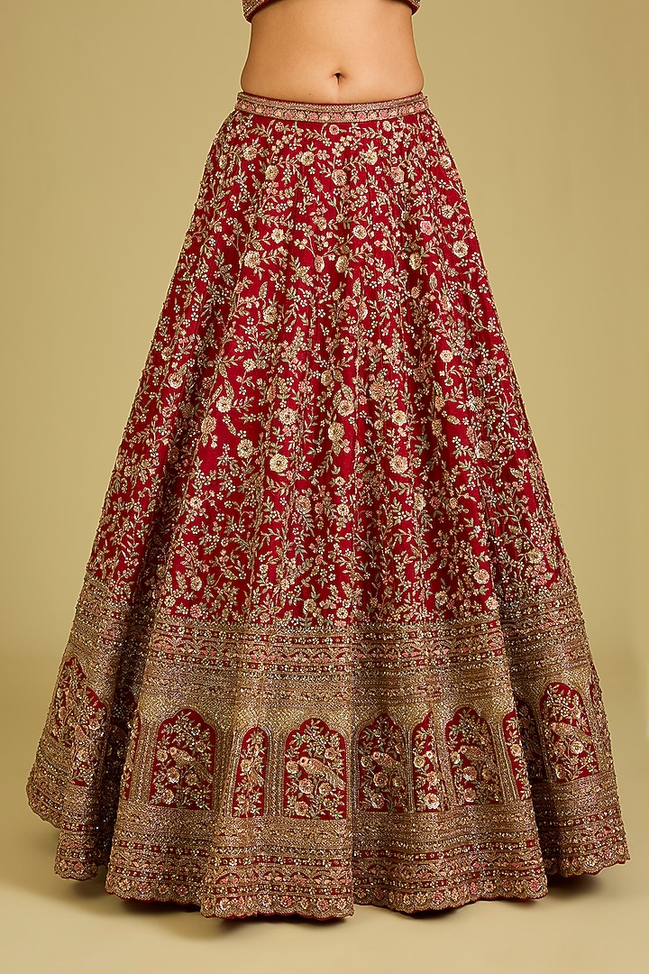 Red Raw Silk Embroidered Bridal Lehenga Set by Kalighata at Pernia's Pop Up Shop