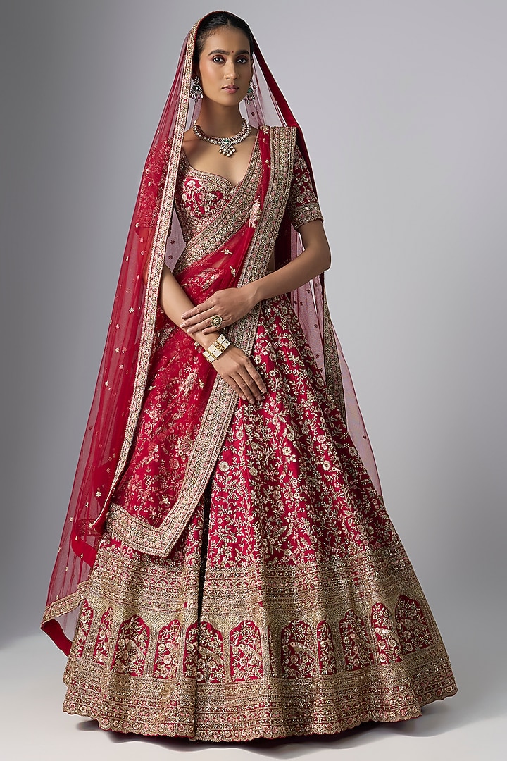Maroon Raw Silk Bridal Lehenga Set by Kalighata at Pernia's Pop Up Shop