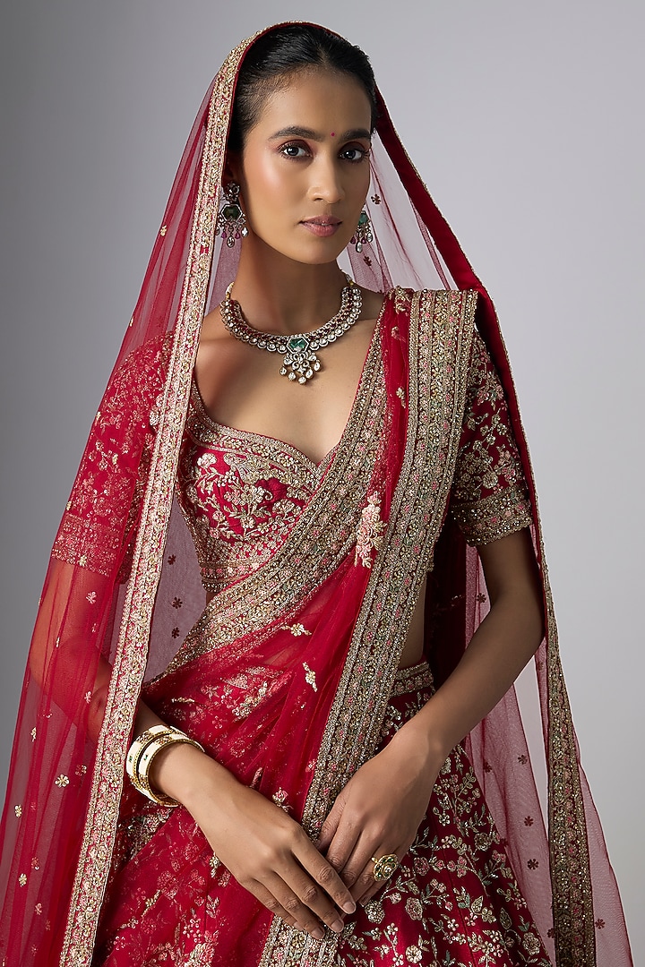 Maroon Raw Silk Bridal Lehenga Set by Kalighata at Pernia's Pop Up Shop