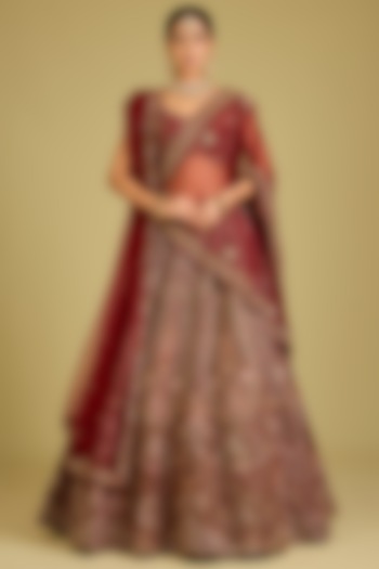 Maroon Raw Silk Embroidered Bridal Lehenga Set by Kalighata at Pernia's Pop Up Shop