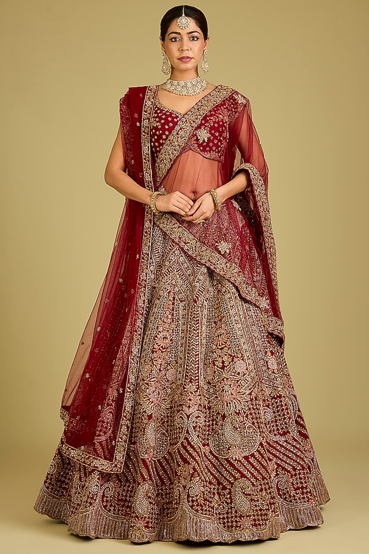 Maroon Raw Silk Embroidered Bridal Lehenga Set by Kalighata at Pernia's Pop Up Shop
