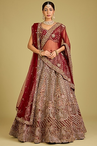 Maroon Raw Silk Embroidered Lehenga Set by Kalighata