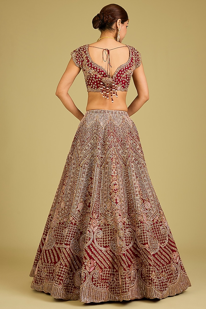Maroon Raw Silk Embroidered Bridal Lehenga Set by Kalighata at Pernia's Pop Up Shop