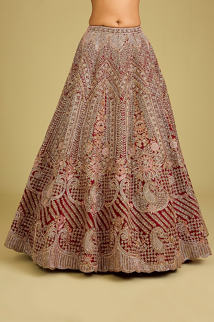Maroon Raw Silk Embroidered Bridal Lehenga Set by Kalighata at Pernia's Pop Up Shop