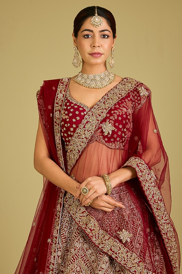 Maroon Raw Silk Embroidered Bridal Lehenga Set by Kalighata at Pernia's Pop Up Shop