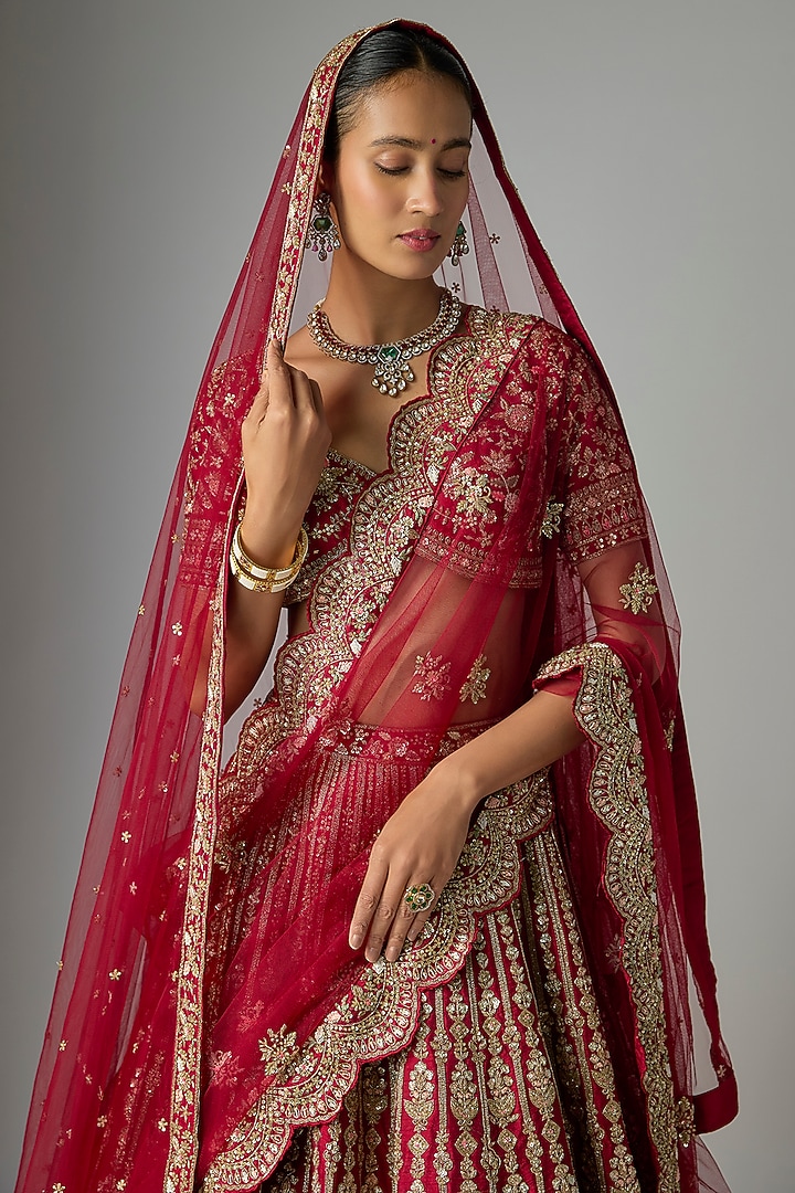 Maroon Raw Silk Bridal Lehenga Set by Kalighata at Pernia's Pop Up Shop