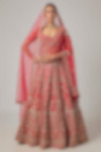 Red Raw Silk Embroidered Bridal Lehenga Set by Kalighata at Pernia's Pop Up Shop