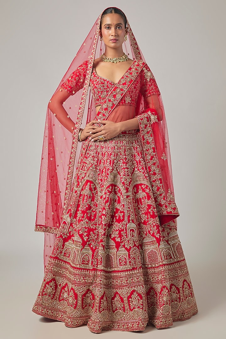 Red Raw Silk Embroidered Bridal Lehenga Set by Kalighata at Pernia's Pop Up Shop