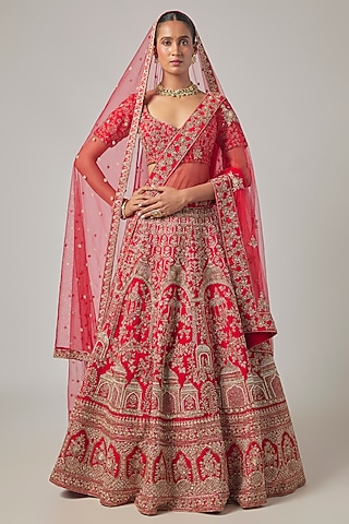 Red Raw Silk Embroidered Lehenga Set by Kalighata
