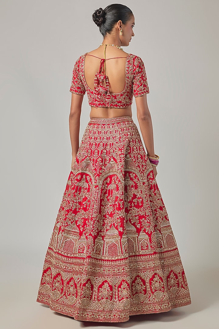 Red Raw Silk Embroidered Bridal Lehenga Set by Kalighata at Pernia's Pop Up Shop