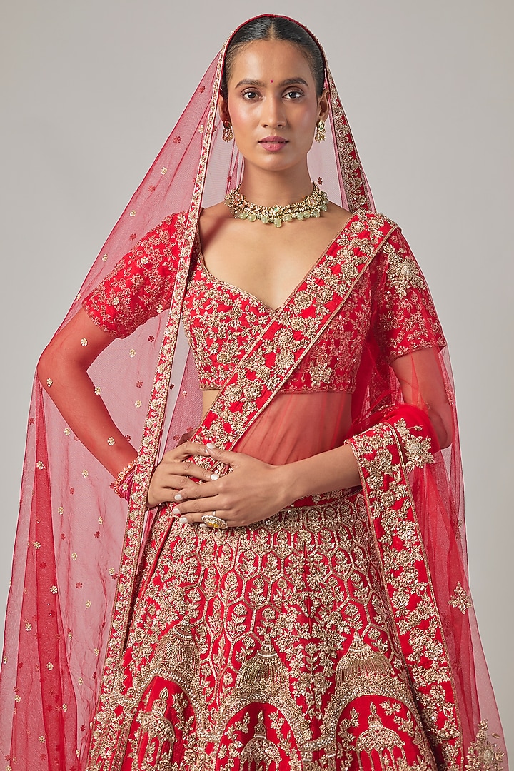 Red Raw Silk Embroidered Bridal Lehenga Set by Kalighata at Pernia's Pop Up Shop