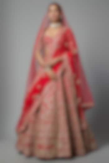 Red Raw Silk Embroidered Bridal Lehenga Set by Kalighata at Pernia's Pop Up Shop