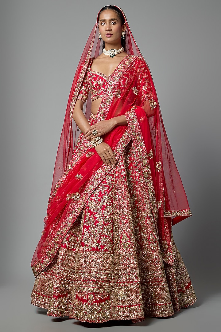 Red Raw Silk Embroidered Bridal Lehenga Set by Kalighata at Pernia's Pop Up Shop