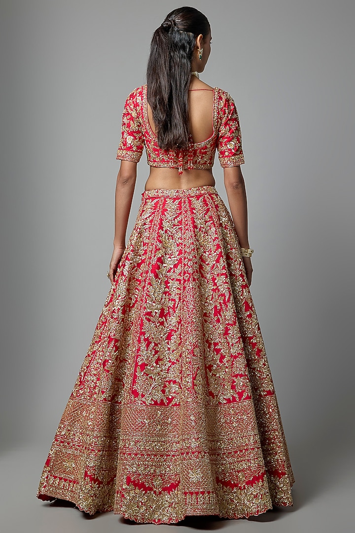 Red Raw Silk Embroidered Bridal Lehenga Set by Kalighata at Pernia's Pop Up Shop