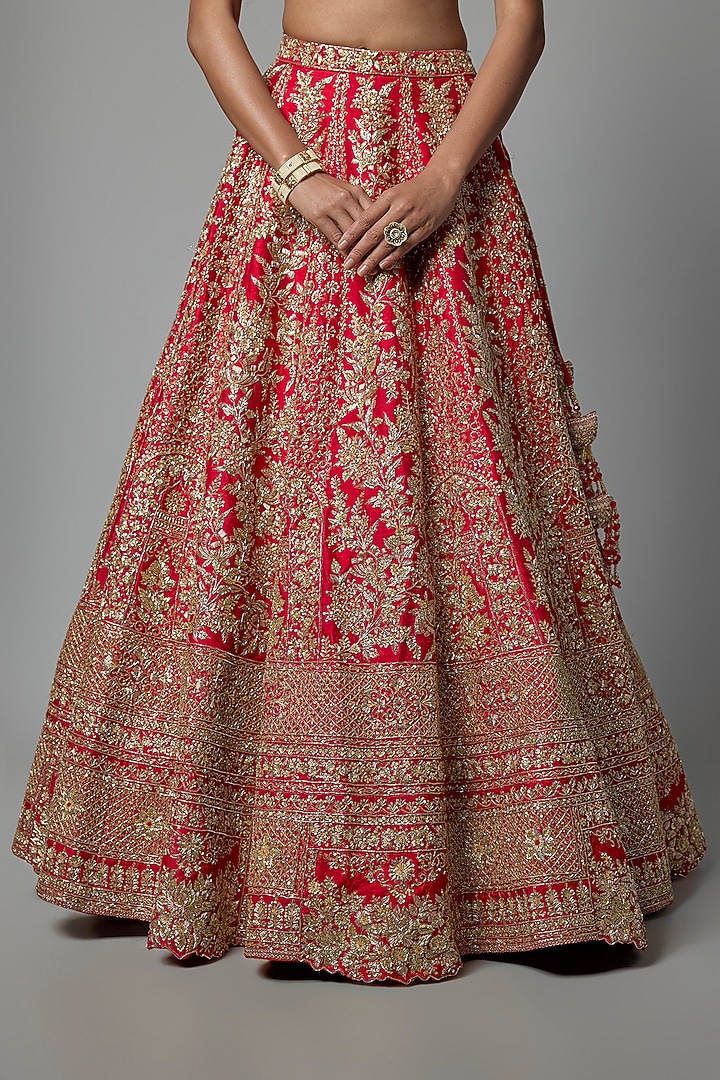 Red Raw Silk Embroidered Bridal Lehenga Set by Kalighata at Pernia's Pop Up Shop