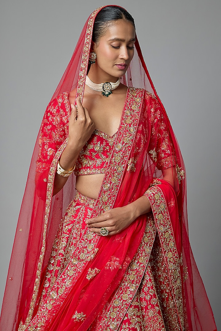 Red Raw Silk Embroidered Bridal Lehenga Set by Kalighata at Pernia's Pop Up Shop