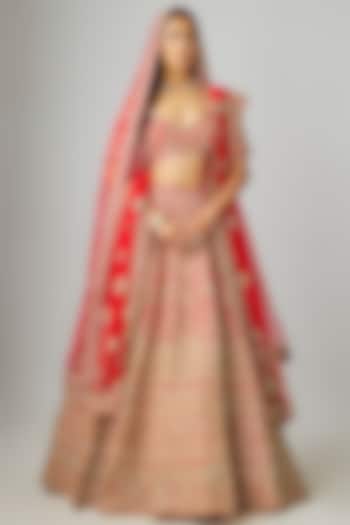 Red Raw Silk Hand Embroidered Bridal Lehenga Set by Kalighata at Pernia's Pop Up Shop