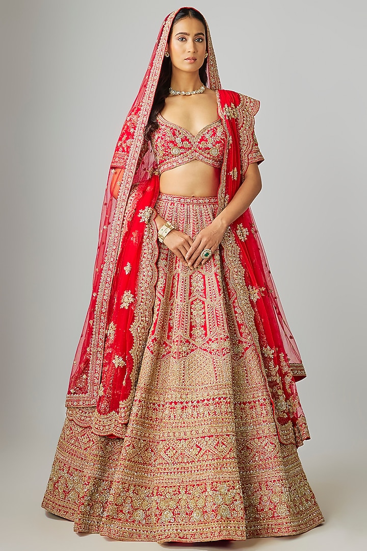 Red Raw Silk Hand Embroidered Bridal Lehenga Set by Kalighata at Pernia's Pop Up Shop