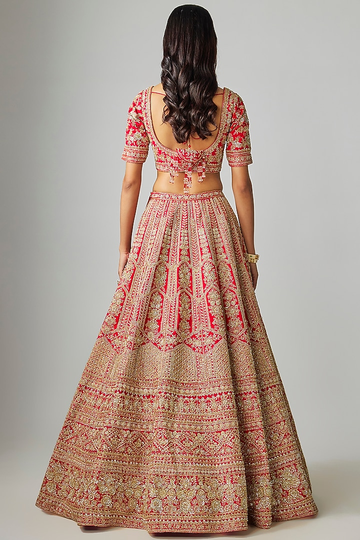 Red Raw Silk Hand Embroidered Bridal Lehenga Set by Kalighata at Pernia's Pop Up Shop