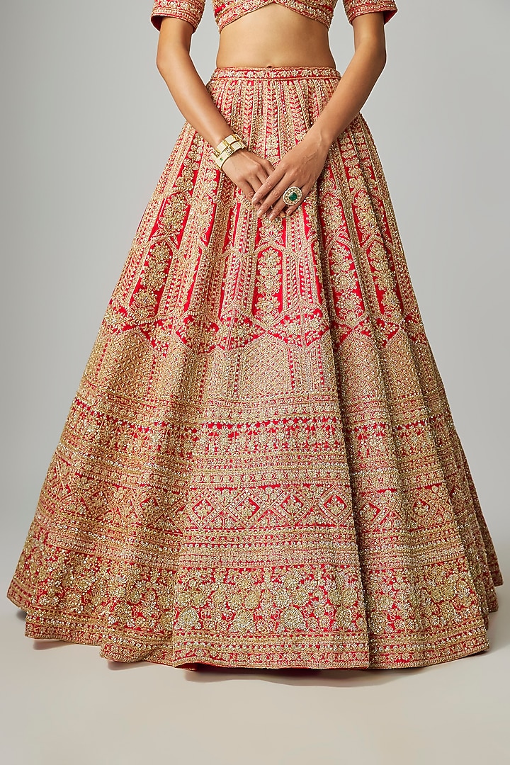 Red Raw Silk Hand Embroidered Bridal Lehenga Set by Kalighata at Pernia's Pop Up Shop