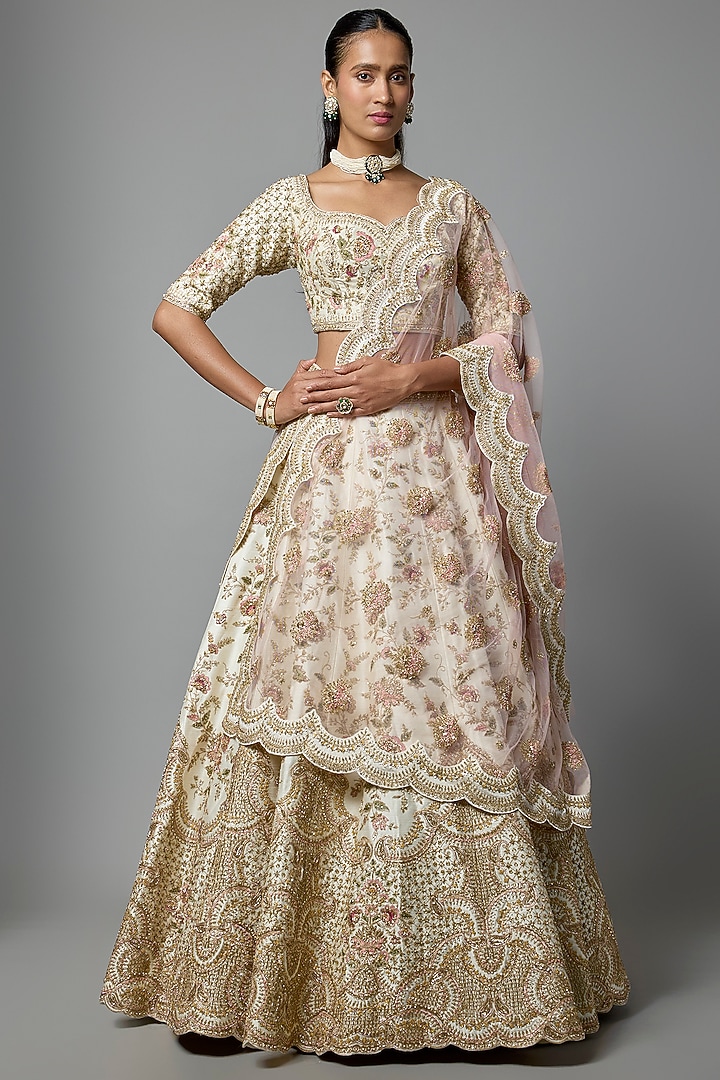 Ivory Raw Silk Embroidered Bridal Lehenga Set by Kalighata at Pernia's Pop Up Shop