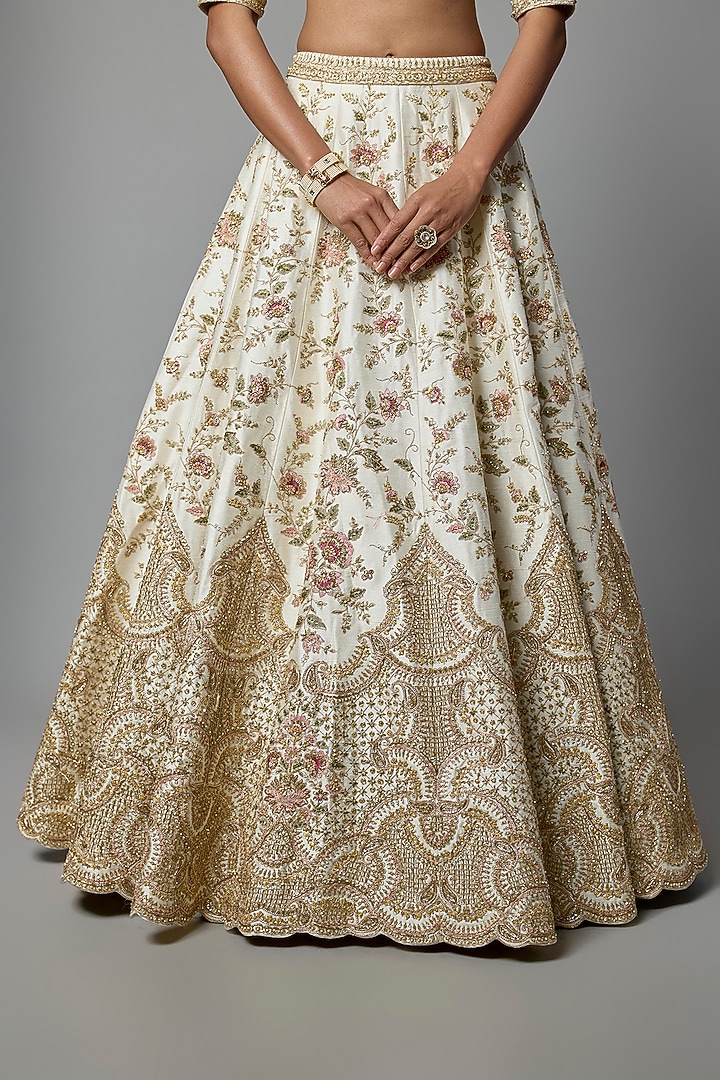 Ivory Raw Silk Embroidered Bridal Lehenga Set by Kalighata at Pernia's Pop Up Shop