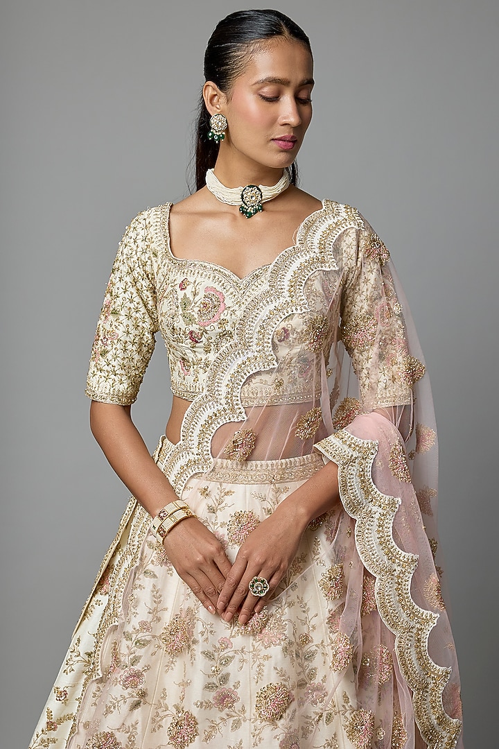 Ivory Raw Silk Embroidered Bridal Lehenga Set by Kalighata at Pernia's Pop Up Shop