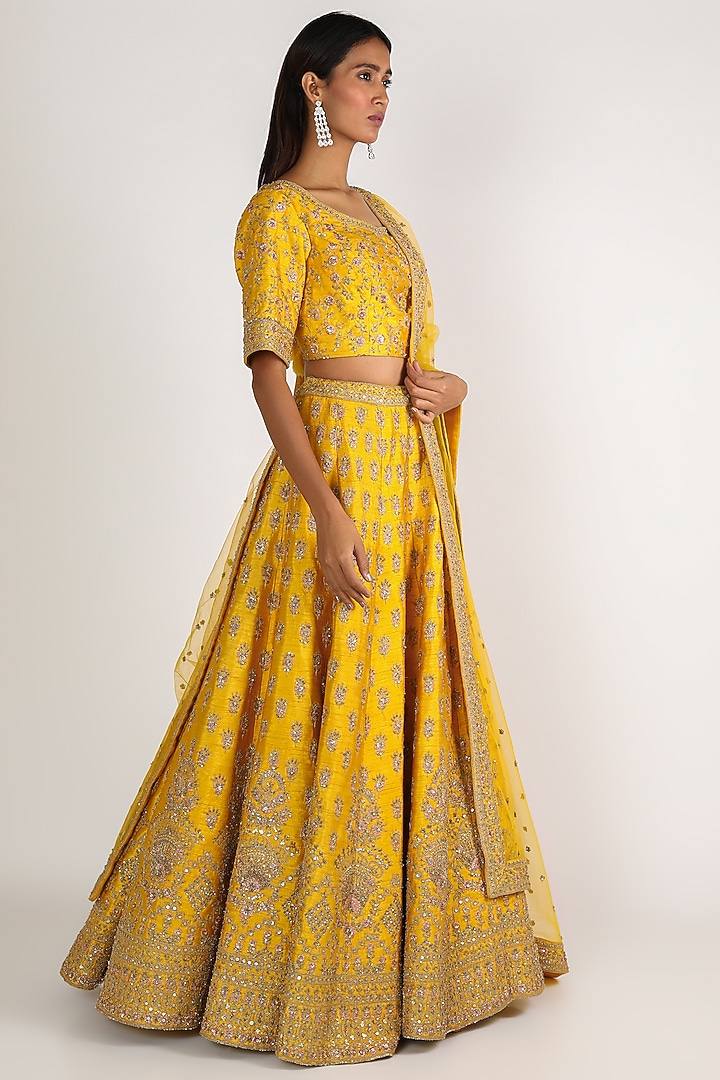 Yellow Embroidered Wedding Lehenga Set by Kalighata at Pernia's Pop Up Shop