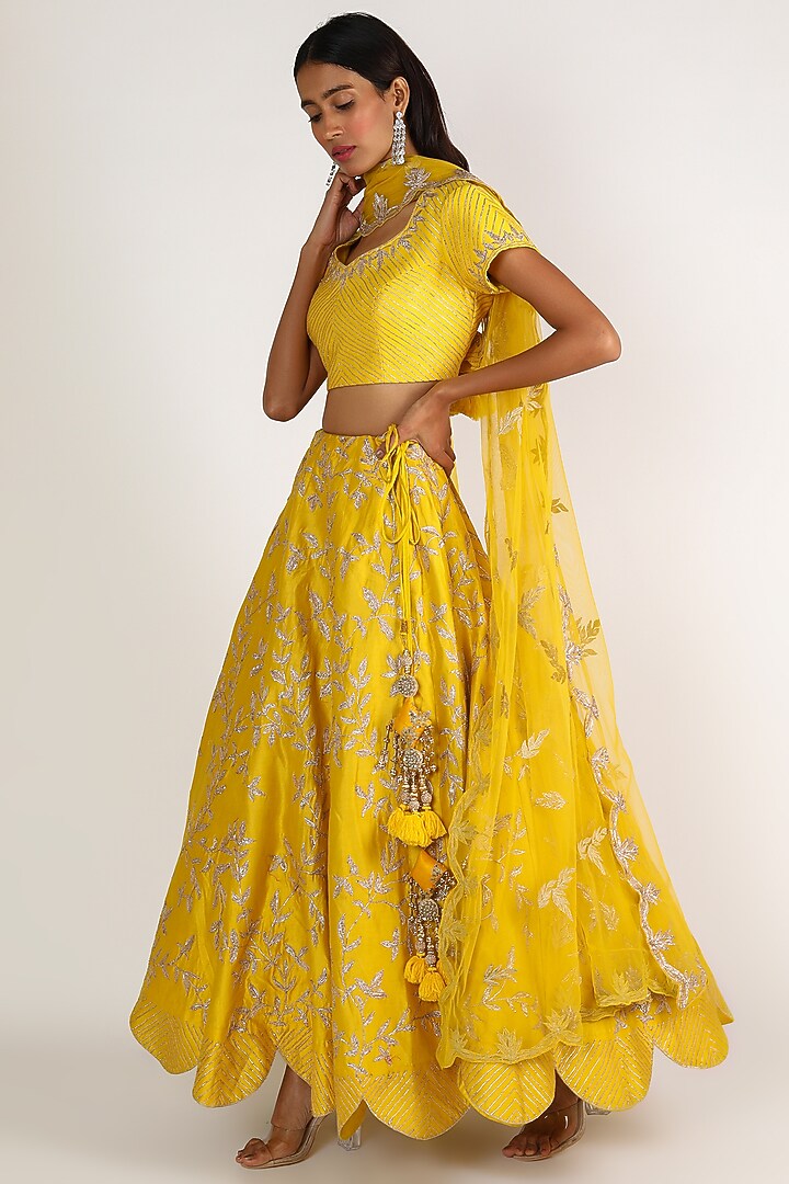 Yellow Embroidered Chanderi Wedding Lehenga Set by Kalighata at Pernia's Pop Up Shop