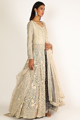 Silver Embroidered Jacket Lehenga Set by Kalighata