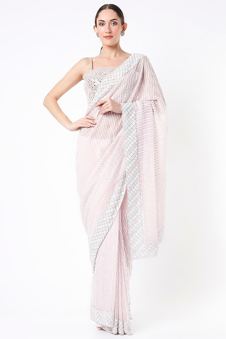 Baby Pink Organza Wedding Saree Set by Kalighata at Pernia's Pop Up Shop