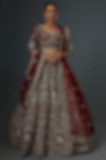 Maroon Raw Silk Embellished Wedding Lehenga Set by Kalighata at Pernia's Pop Up Shop