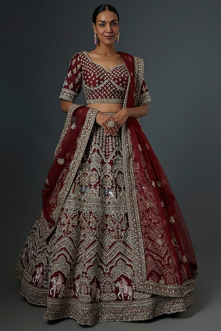 Maroon Raw Silk Embellished Wedding Lehenga Set by Kalighata at Pernia's Pop Up Shop