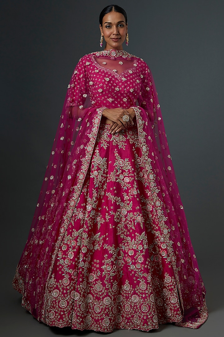 Pink Embroidered Tania Lehenga Set by Kalighata