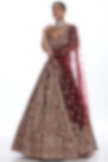 Maroon Velvet Hand Embroidered Bridal Lehenga Set by Kalighata at Pernia's Pop Up Shop