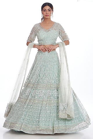Aqua Green Net Embroidered Lehenga Set by Kalighata