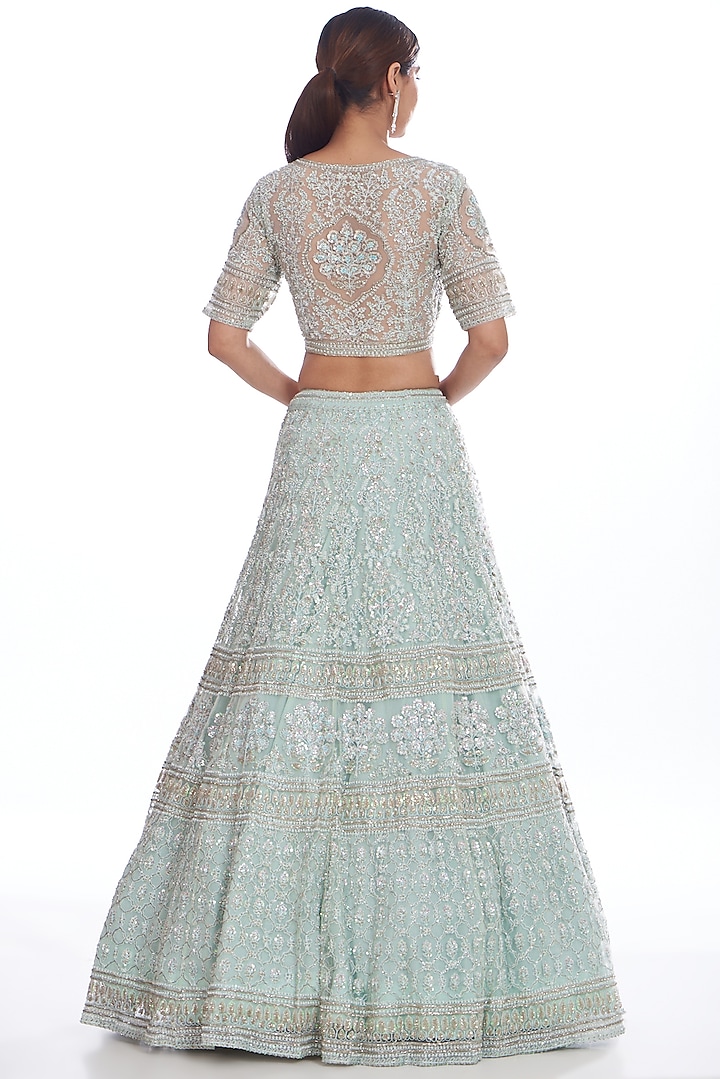 Aqua Green Net Embroidered Bridal Lehenga Set by Kalighata at Pernia's Pop Up Shop