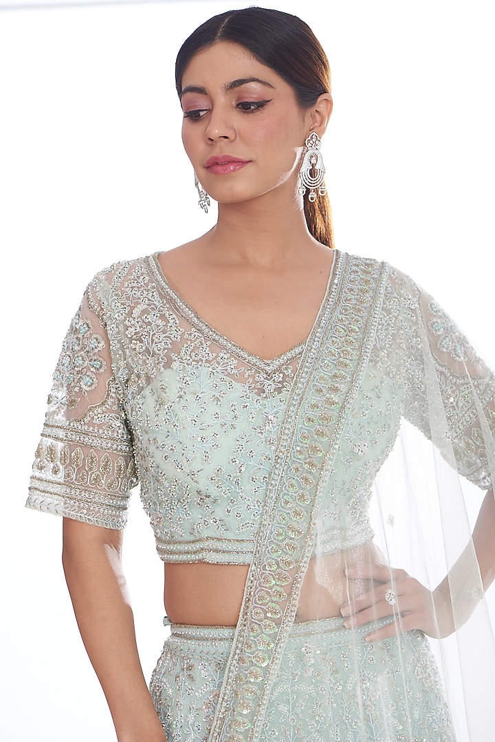 Aqua Green Net Embroidered Bridal Lehenga Set by Kalighata at Pernia's Pop Up Shop