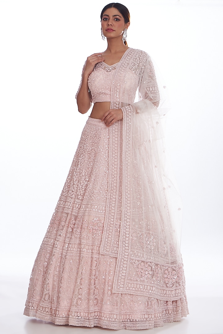 Pink Net Hand Embroidered Bridal Lehenga Set by Kalighata at Pernia's Pop Up Shop