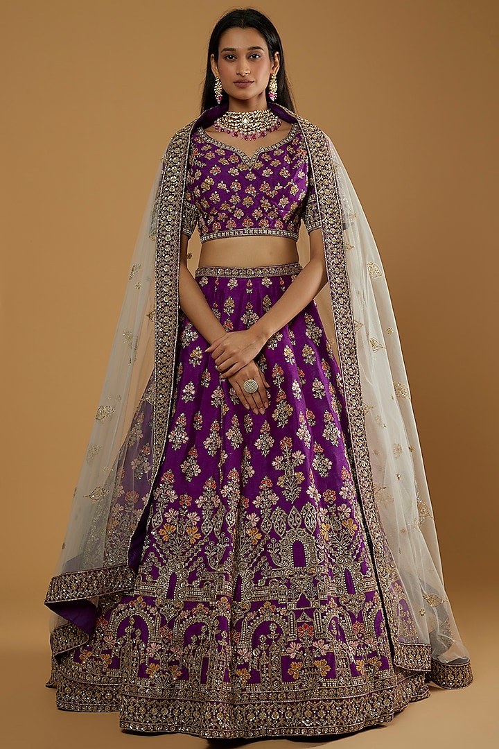 Purple Embroidered Wedding Lehenga Set by Kalighata at Pernia's Pop Up Shop