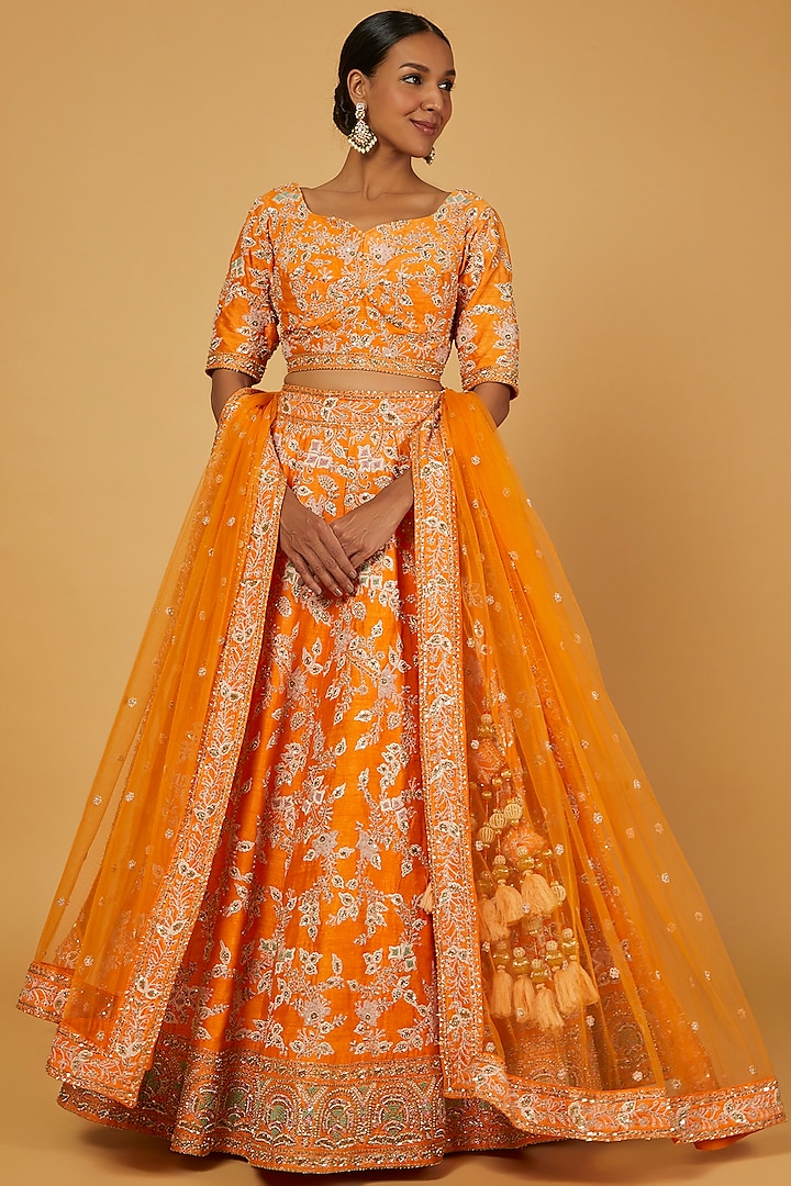 Orange Embellished Lehenga Set by Kalighata