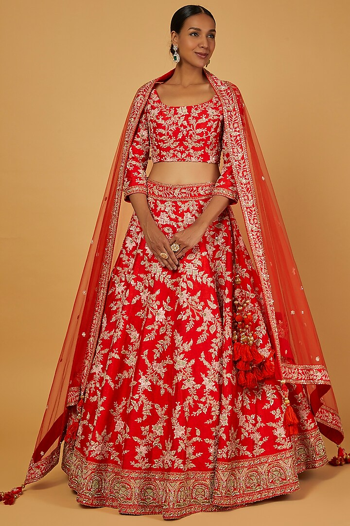 Red Embellished Lehenga Set by Kalighata