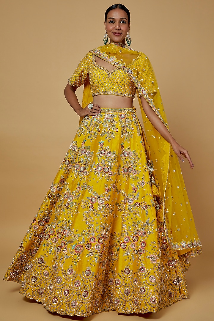 Yellow Embroidered Wedding Lehenga Set by Kalighata at Pernia's Pop Up Shop