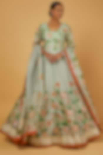 Mint Green Hand Printed Engagement Gown With Dupatta by Kalighata at Pernia's Pop Up Shop