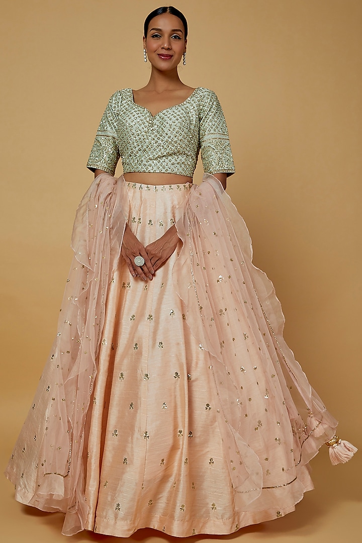 Peach Embroidered Wedding Lehenga Set by Kalighata at Pernia's Pop Up Shop