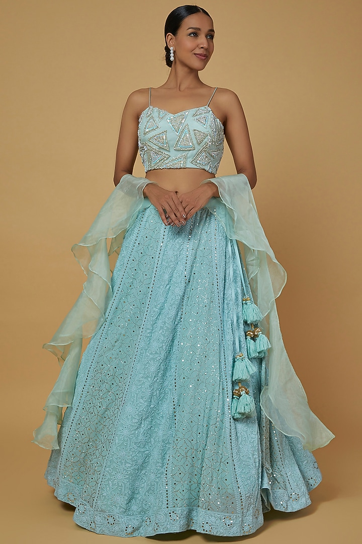 Light Blue Embellished Wedding Lehenga Set by Kalighata at Pernia's Pop Up Shop