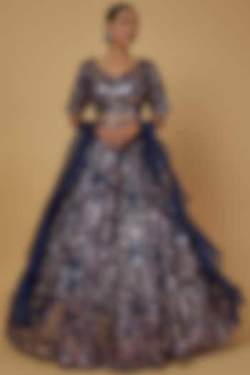 Navy Blue Embroidered Wedding Lehenga Set by Kalighata at Pernia's Pop Up Shop