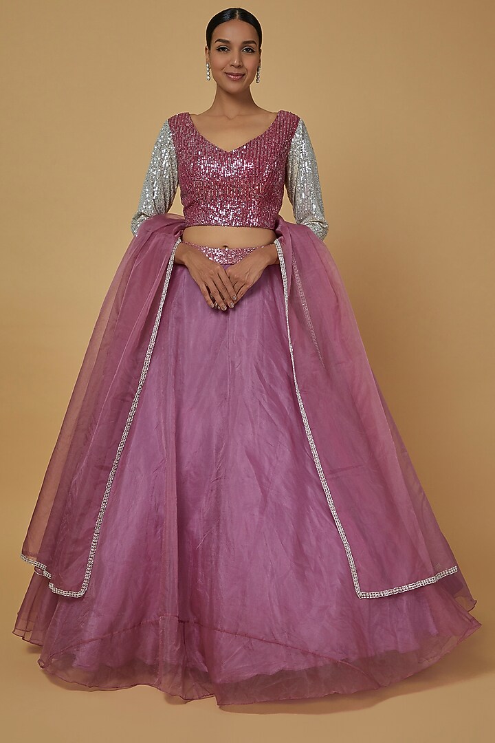 Mauve Fancy Fabric Wedding Lehenga Set by Kalighata at Pernia's Pop Up Shop